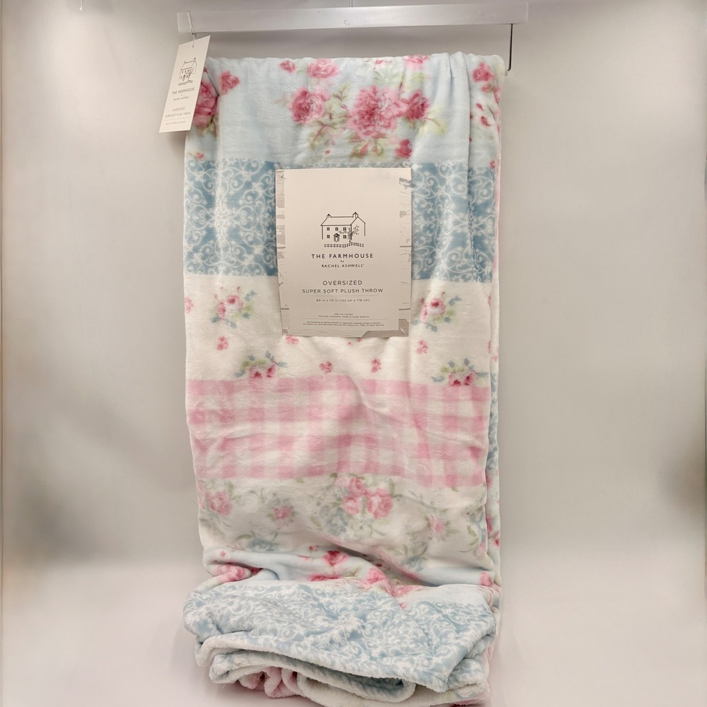 Farmhouse by Rachel‎ Ashwell Plush Patchwork Throw Blanket Floral Gingham Pink